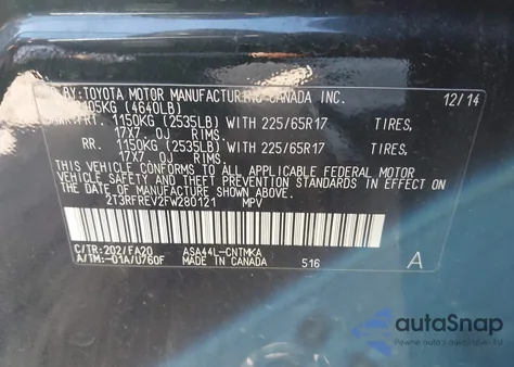 2015 Toyota Rav4 Xle из США, поврежденный, VIN 2T3RFREV2FW280121